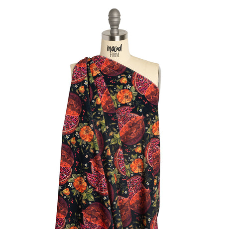 Polyester Microvelvet - Red, Green and Black Pomegranates and Flowers