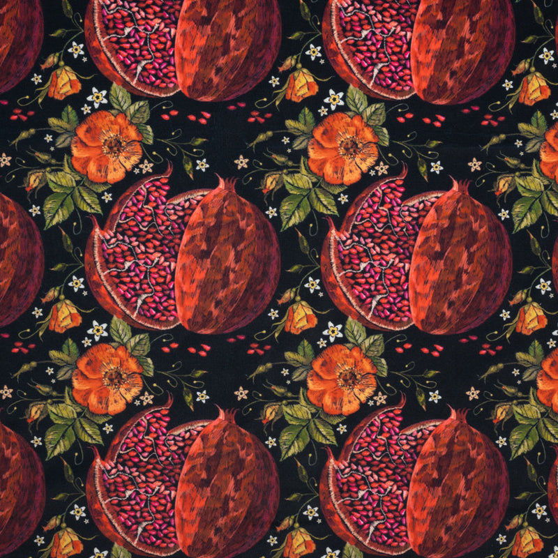 Polyester Microvelvet - Red, Green and Black Pomegranates and Flowers