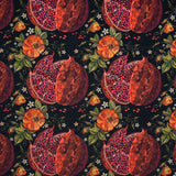 Polyester Microvelvet - Red, Green and Black Pomegranates and Flowers