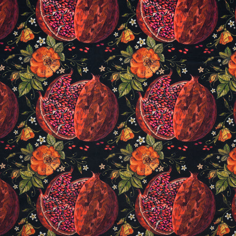 Polyester Microvelvet - Red, Green and Black Pomegranates and Flowers