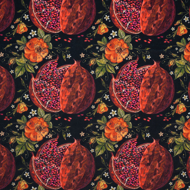 Polyester Microvelvet - Red, Green and Black Pomegranates and Flowers