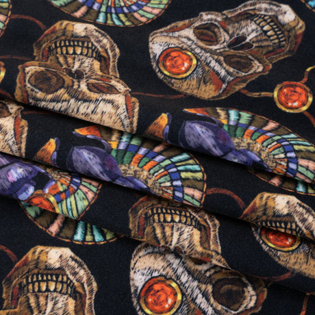 Polyester Microvelvet - Black, Green and Red Scarab Beetles and Skulls