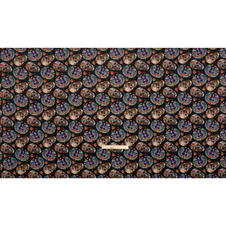 Polyester Microvelvet - Black, Green and Red Scarab Beetles and Skulls