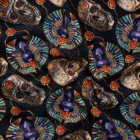 Polyester Microvelvet - Black, Green and Red Scarab Beetles and Skulls