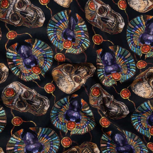 Polyester Microvelvet - Black, Green and Red Scarab Beetles and Skulls