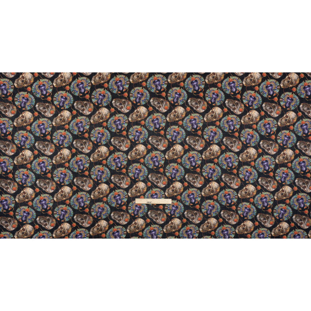 Medium Weight Linen and Cotton Woven - Black, Green and Red Scarab Beetles and Skulls