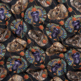 Medium Weight Linen and Cotton Woven - Black, Green and Red Scarab Beetles and Skulls