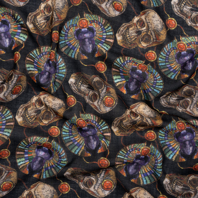 Medium Weight Linen and Cotton Woven - Black, Green and Red Scarab Beetles and Skulls
