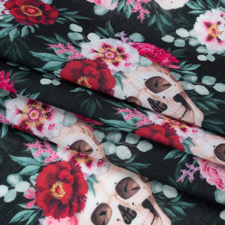 Medium Weight Linen and Cotton Woven - Black, Pink and Ivory Flower Skulls