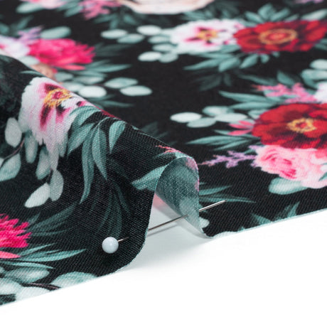 Medium Weight Linen and Cotton Woven - Black, Pink and Ivory Flower Skulls