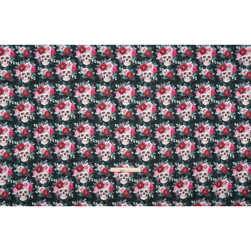Medium Weight Linen and Cotton Woven - Black, Pink and Ivory Flower Skulls