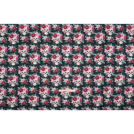 Medium Weight Linen and Cotton Woven - Black, Pink and Ivory Flower Skulls