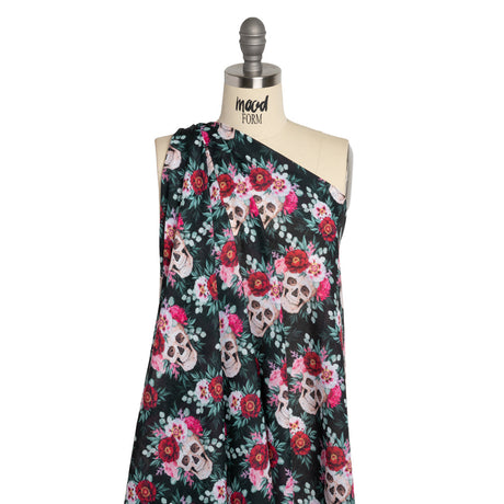 Medium Weight Linen and Cotton Woven - Black, Pink and Ivory Flower Skulls