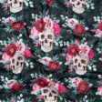 Medium Weight Linen and Cotton Woven - Black, Pink and Ivory Flower Skulls