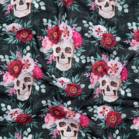 Medium Weight Linen and Cotton Woven - Black, Pink and Ivory Flower Skulls