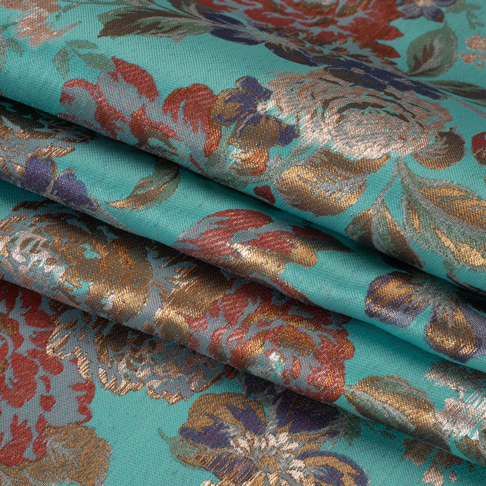 Metallic Luxury Brocade - Sky Blue, Dark Gold and Red Classic Flowers