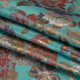 Metallic Luxury Brocade - Sky Blue, Dark Gold and Red Classic Flowers