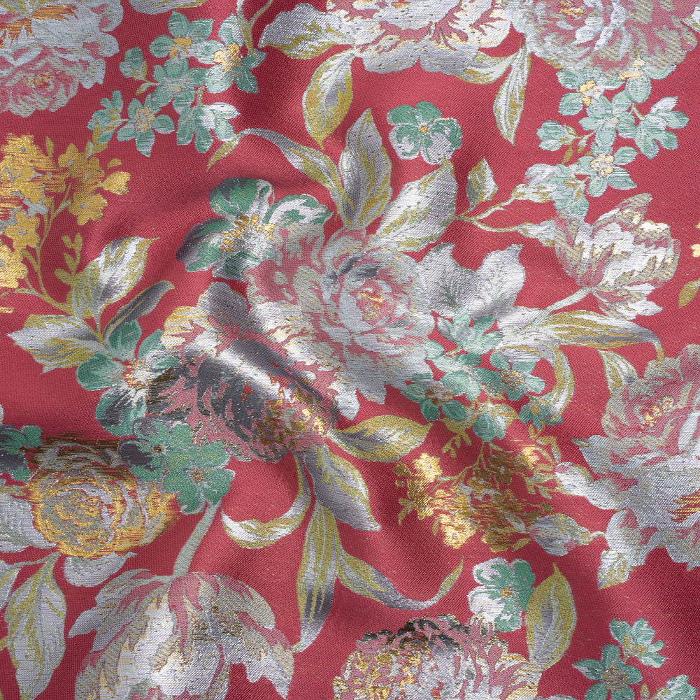 Metallic Luxury Brocade - Pink, Silver and Green Classic Flowers