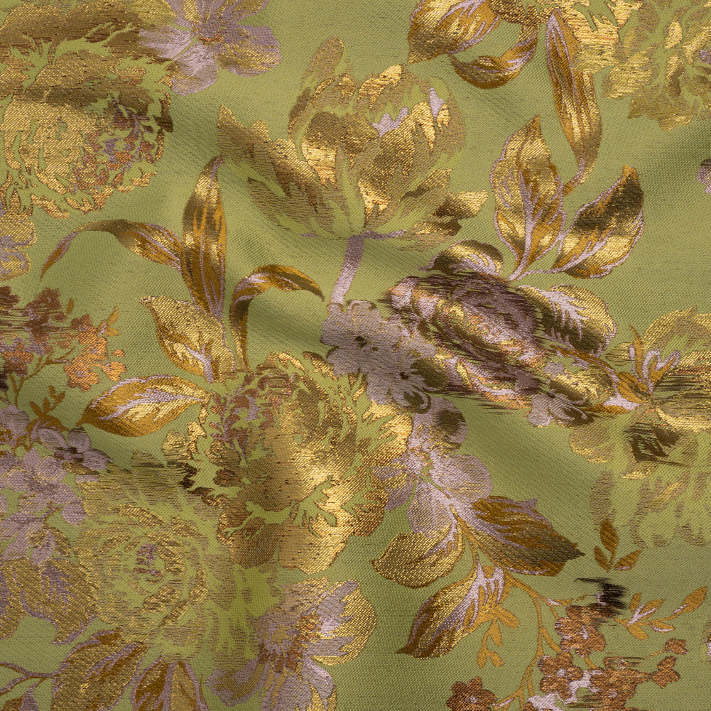 Metallic Luxury Brocade - Wasabi Green, Gold and Pale Pink Classic Flowers