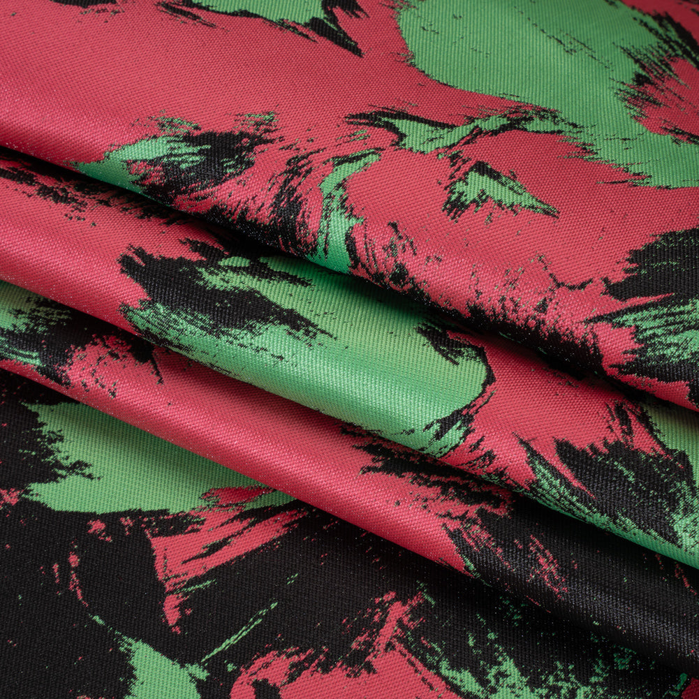 Luxury Polyester Brocade - Black, Hot Pink and Summer Green Abstract Brushstrokes