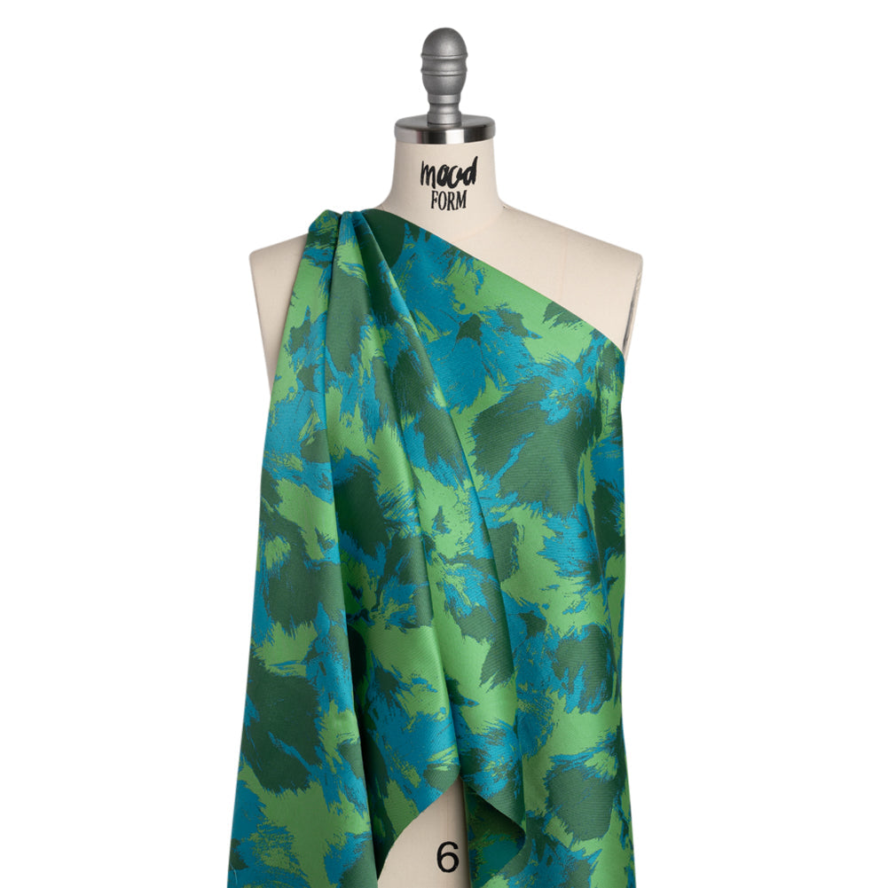 Luxury Polyester Brocade - Cerulean Blue, Summer Green, and Forest Abstract Brushstrokes