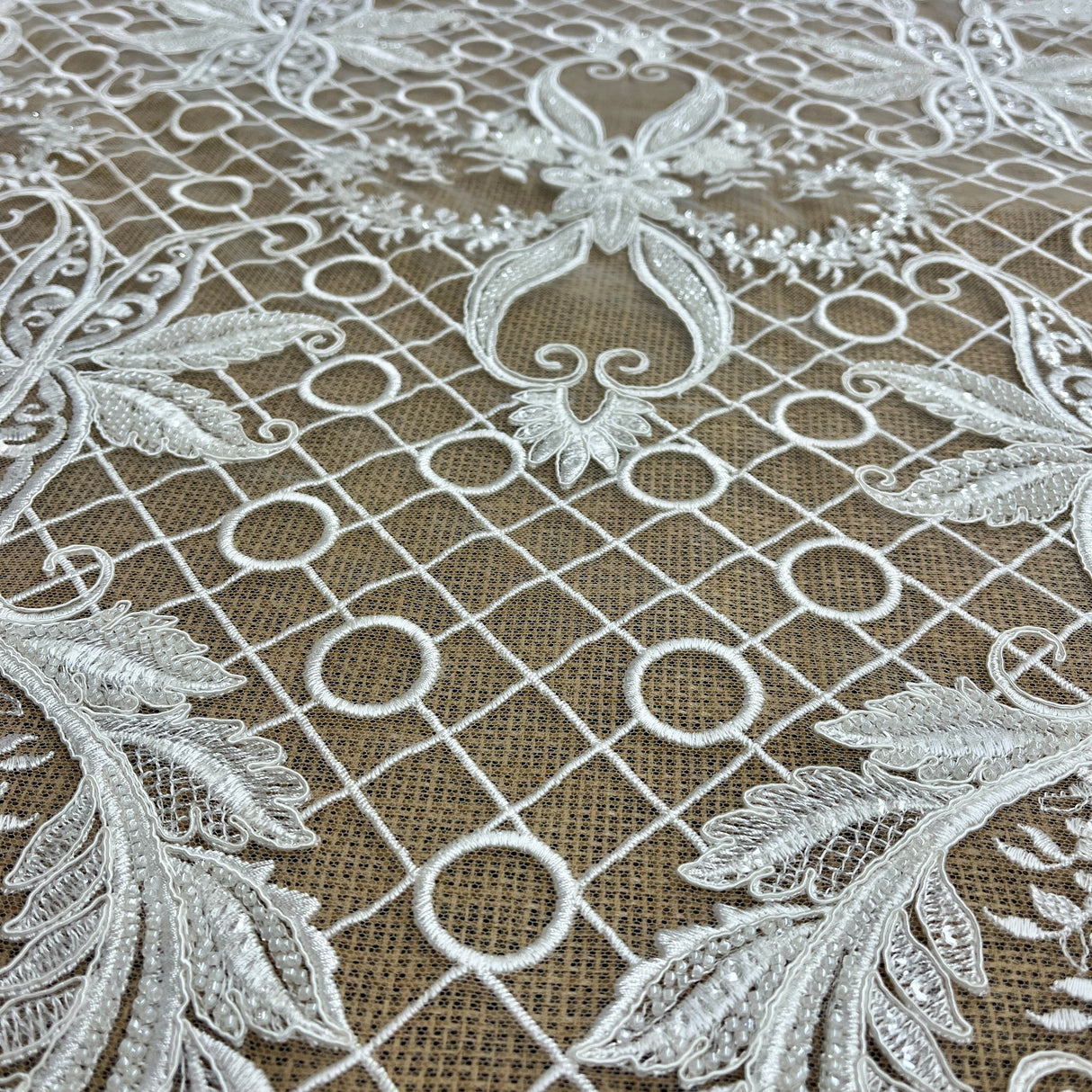 Beaded Corded Bridal Lace Fabric Dark Ivory 53" Wide