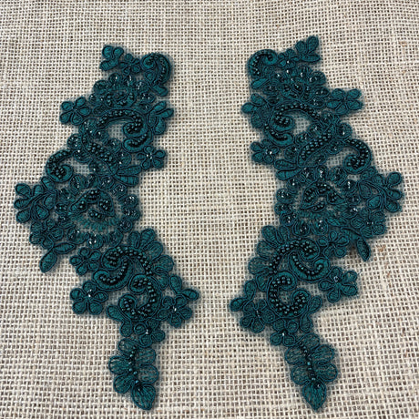 Beaded Corded Floral Lace Applique 100 Percent Polyester Fabric - Floral Embroidered, 9" X 3" Each Side (1 Pair)