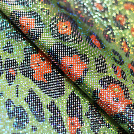 Iridescent Leopard Polyester Spandex Fabric - Pink, Aqua, Orange, Lime, Silver-Black Leopard Print, 58-60" Width, 200 GSM, 4-Way Stretch (1 Yard)