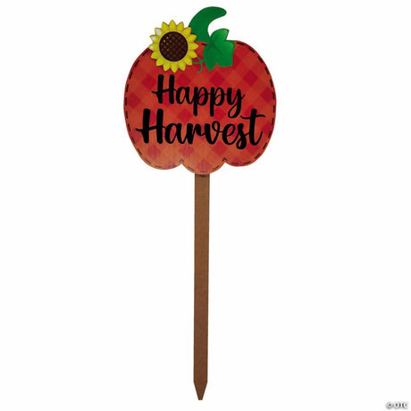 Happy Harvest Pumpkin-Shaped Wooden Yard Sign with Sunflower Accent, featuring a classic Halloween pumpkin design