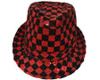 Red checkerboard fedora hat with jaunty brim
