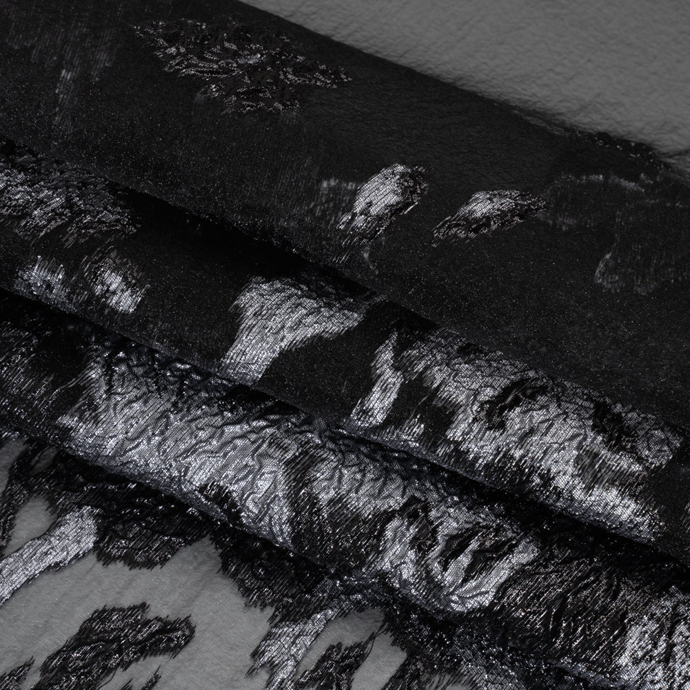 Metallic Luxury Burnout Brocade - Pale Blue and Black Floral Border