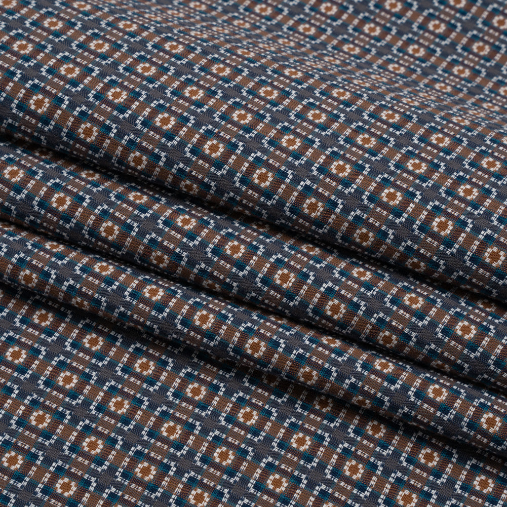 Geometric Cotton Dobby - Blue, Brown and White Rectangle Frames - Deadstock