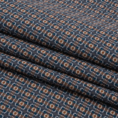 Geometric Cotton Dobby - Blue, Brown and White Rectangle Frames - Deadstock