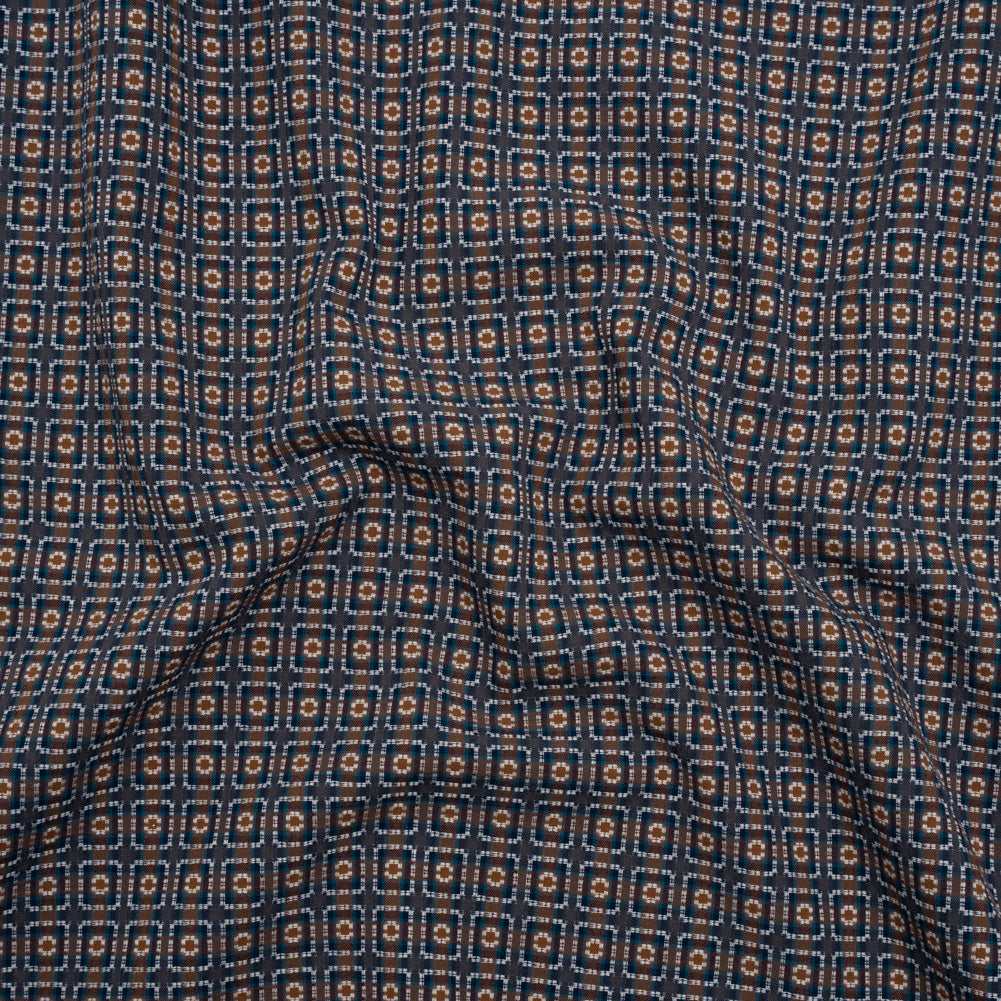 Geometric Cotton Dobby - Blue, Brown and White Rectangle Frames - Deadstock