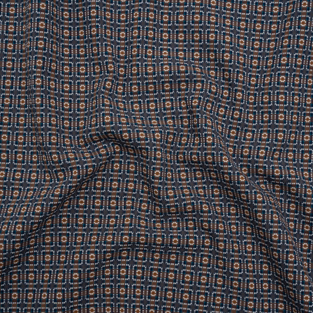 Geometric Cotton Dobby - Blue, Brown and White Rectangle Frames - Deadstock