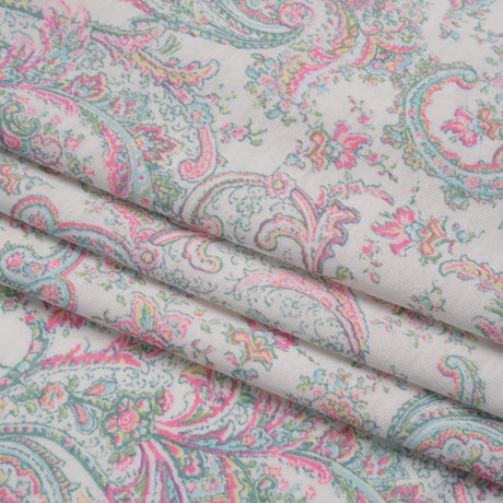 Cotton and Polyester Jersey Print - Ivory, Pastel Green and Pink Delicate Paisley - Deadstock
