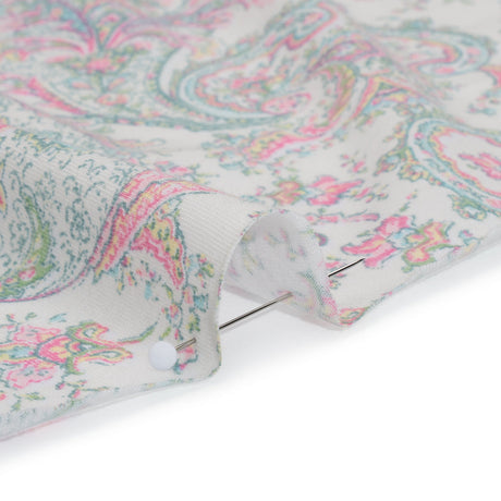 Cotton and Polyester Jersey Print - Ivory, Pastel Green and Pink Delicate Paisley - Deadstock