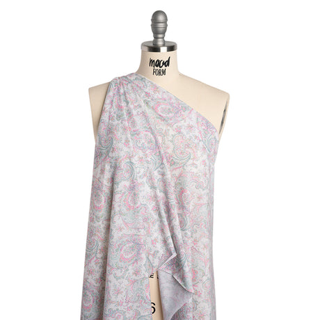 Cotton and Polyester Jersey Print - Ivory, Pastel Green and Pink Delicate Paisley - Deadstock