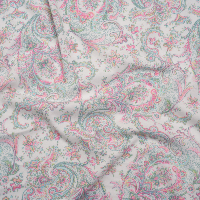 Cotton and Polyester Jersey Print - Ivory, Pastel Green and Pink Delicate Paisley - Deadstock