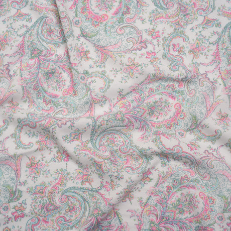 Cotton and Polyester Jersey Print - Ivory, Pastel Green and Pink Delicate Paisley - Deadstock