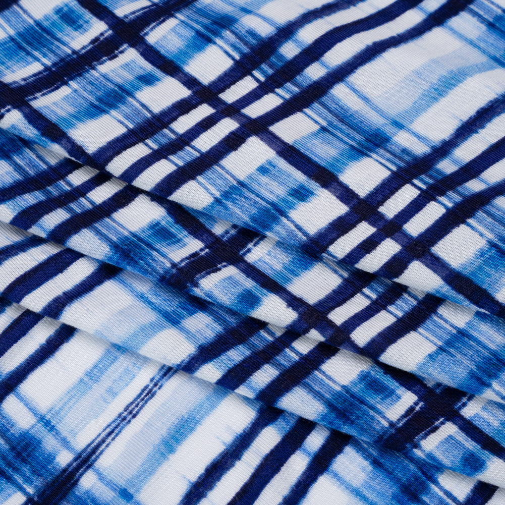Stretch Rayon Jersey Print - Navy, Blue and White Painterly Plaid - Deadstock