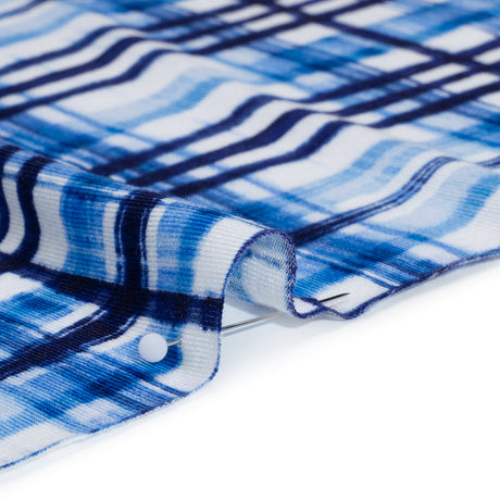 Stretch Rayon Jersey Print - Navy, Blue and White Painterly Plaid - Deadstock