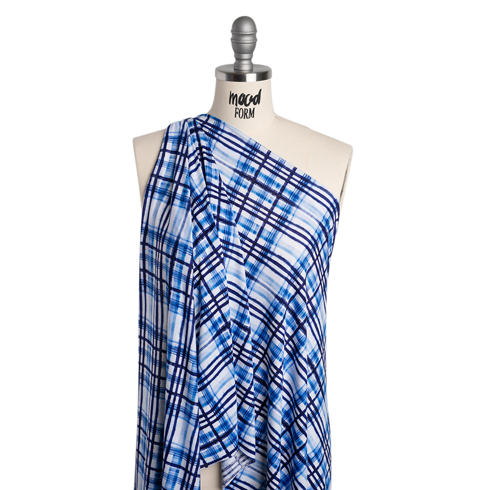 Stretch Rayon Jersey Print - Navy, Blue and White Painterly Plaid - Deadstock