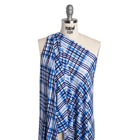 Stretch Rayon Jersey Print - Navy, Blue and White Painterly Plaid - Deadstock