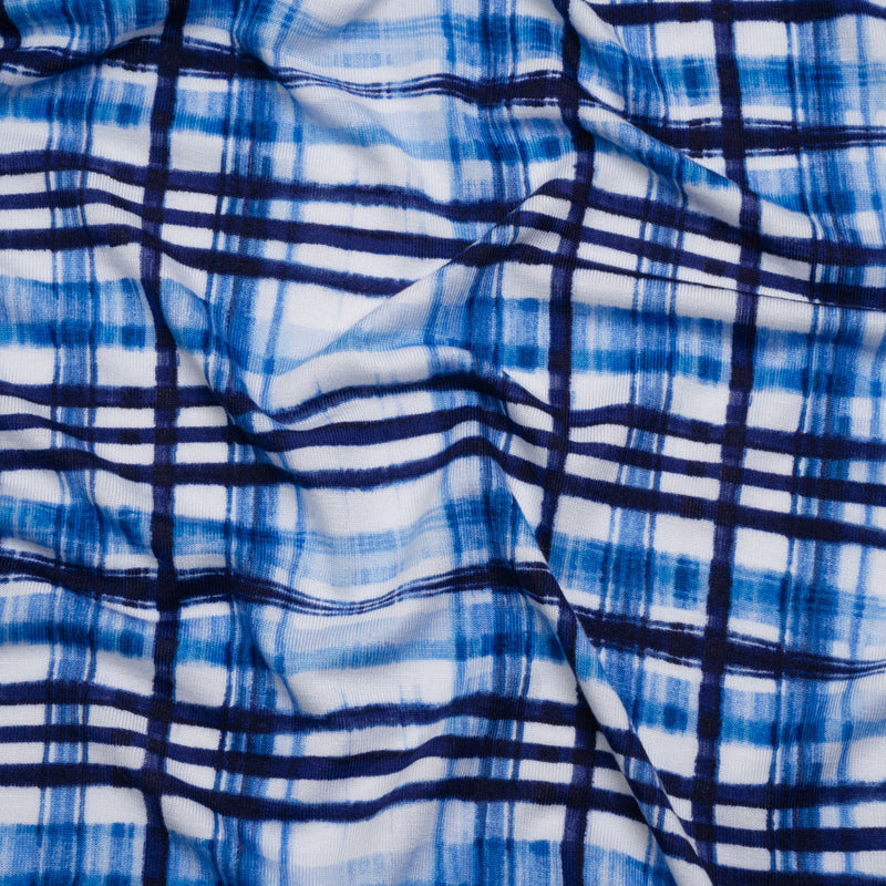 Stretch Rayon Jersey Print - Navy, Blue and White Painterly Plaid - Deadstock