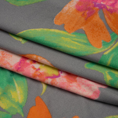 Super Soft Stretch Polyester Jersey - Neon Pink, Orange and Green Florals on Gray - Deadstock