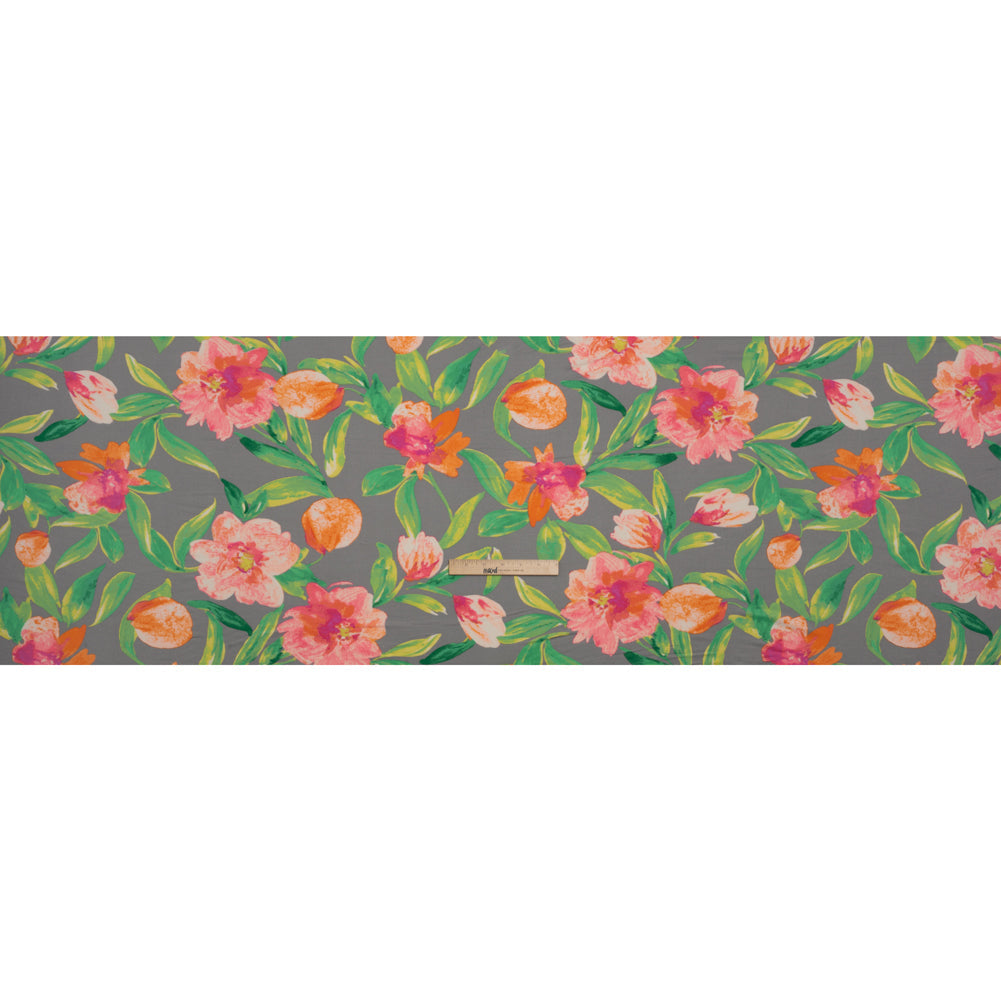 Super Soft Stretch Polyester Jersey - Neon Pink, Orange and Green Florals on Gray - Deadstock