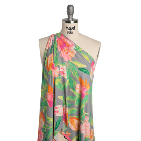 Super Soft Stretch Polyester Jersey - Neon Pink, Orange and Green Florals on Gray - Deadstock