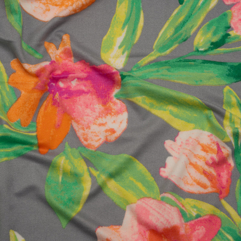 Super Soft Stretch Polyester Jersey - Neon Pink, Orange and Green Florals on Gray - Deadstock