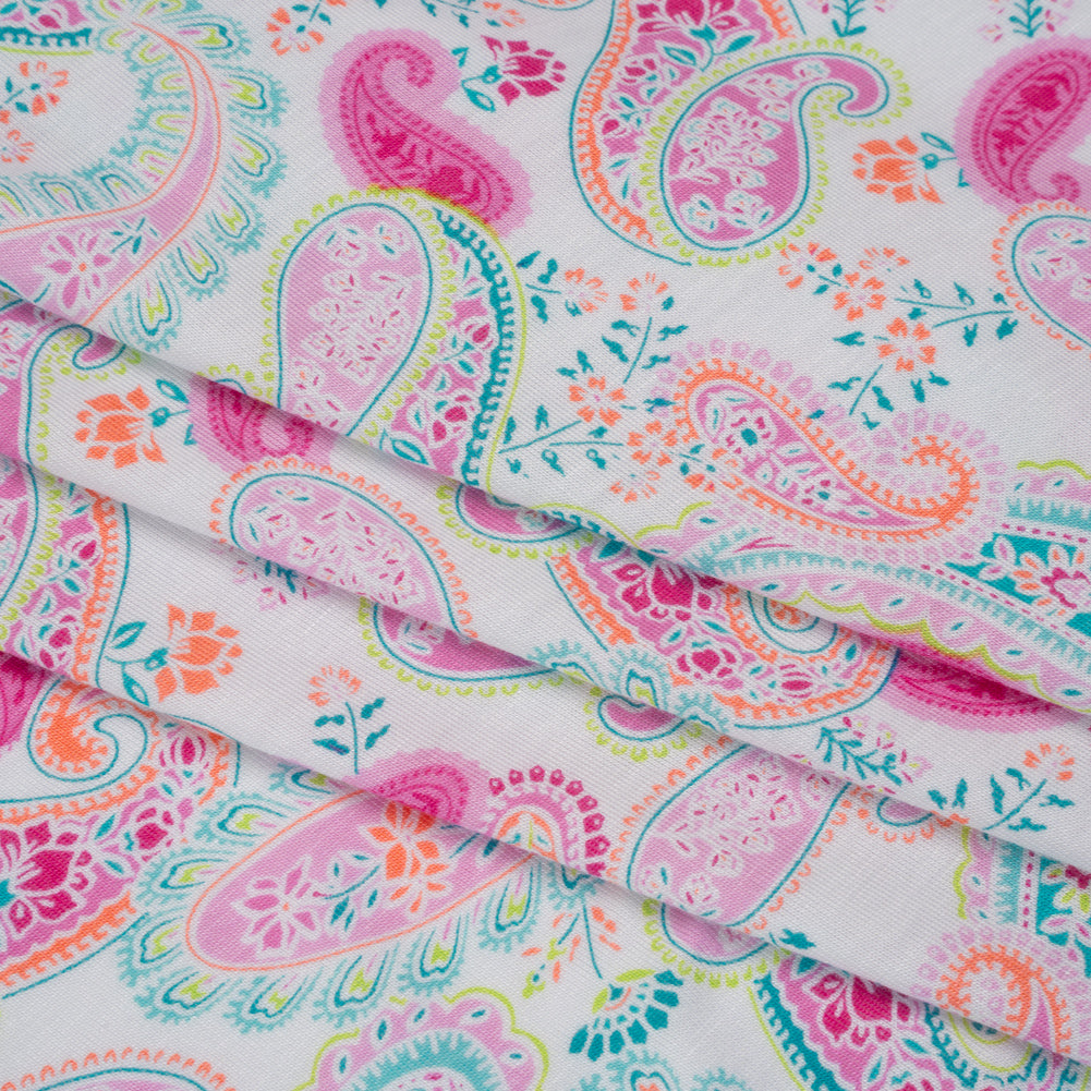 Stretch Rayon Jersey Print - Pink, Teal and Orange Paisleys on White - Deadstock